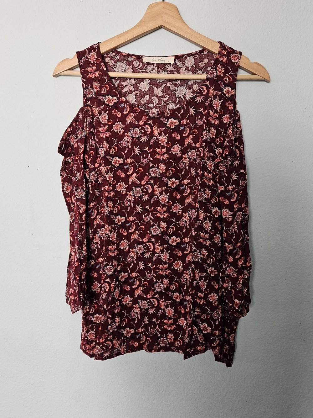 Women's Burgundy Floral Cold-Shoulder Blouse